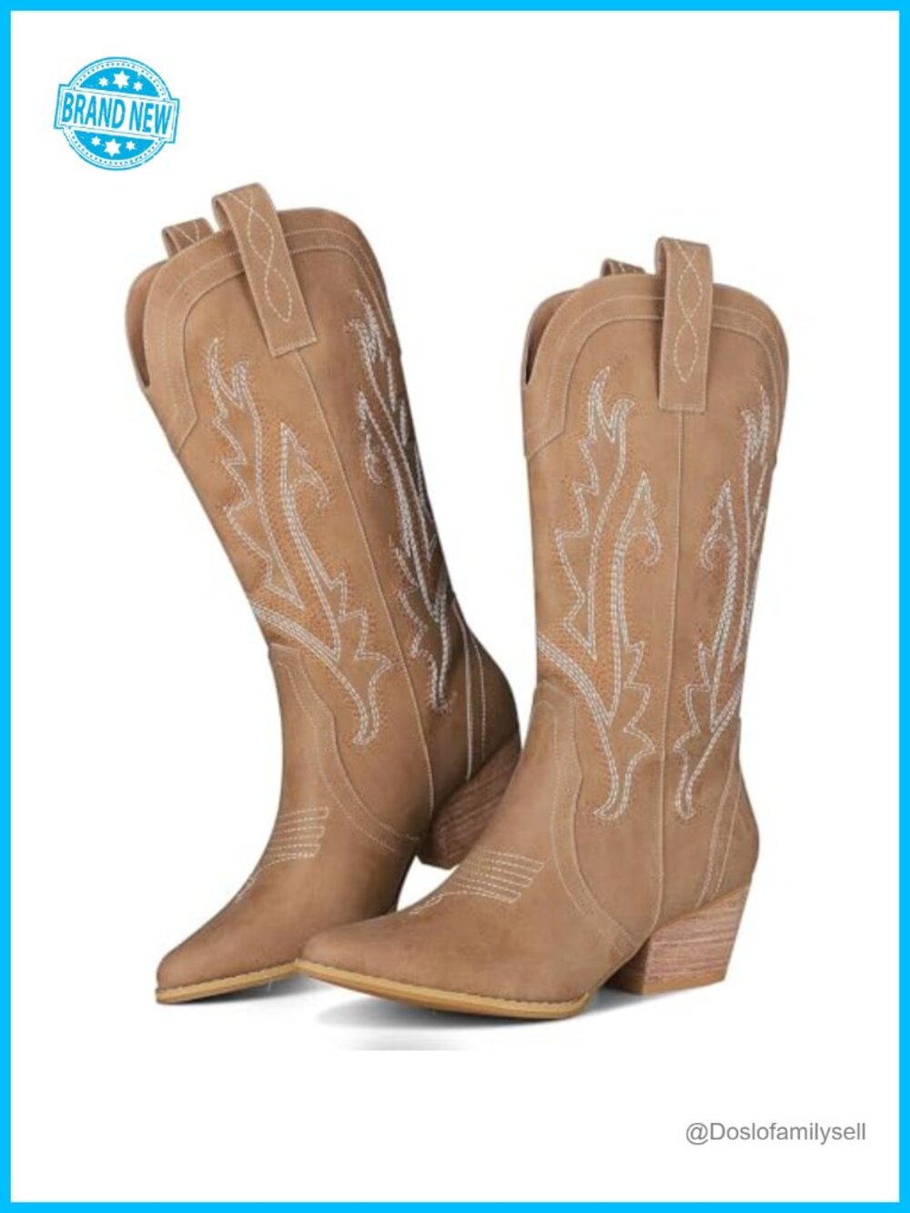 Women's Western Cowboy Boots Chunky Heel Pointed Toe Mid Calf Embroidered Faux